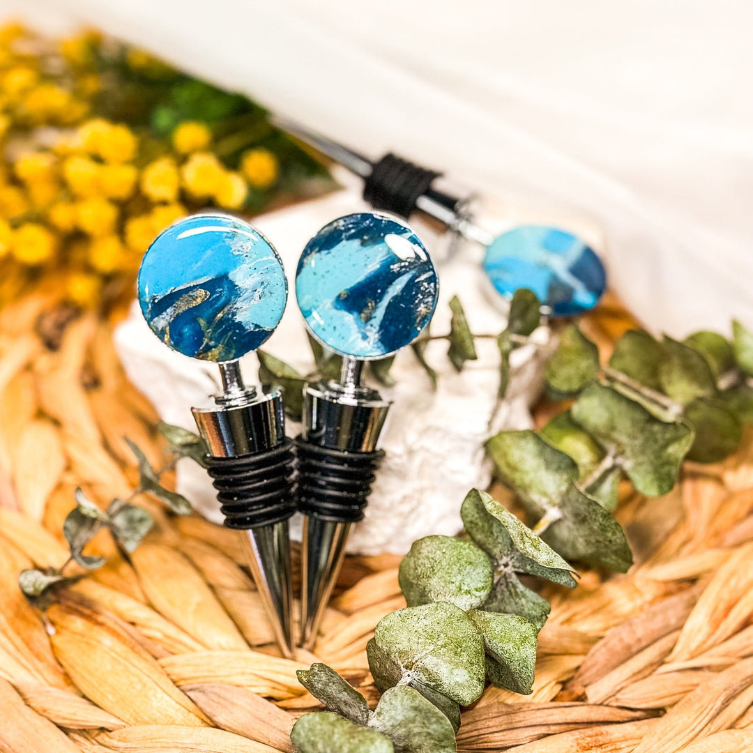 The Dappled Wood Margaux wine stopper in Tidal Glass, a handmade custom wine bottle stopper and wine saver for preserving open bottles during home entertaining or great for gifting.