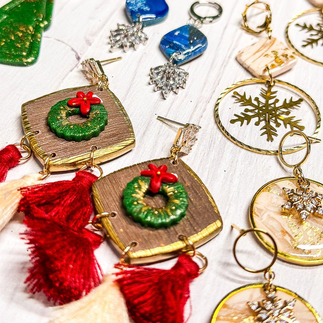 Gold snowflake wreath charm holiday earrings