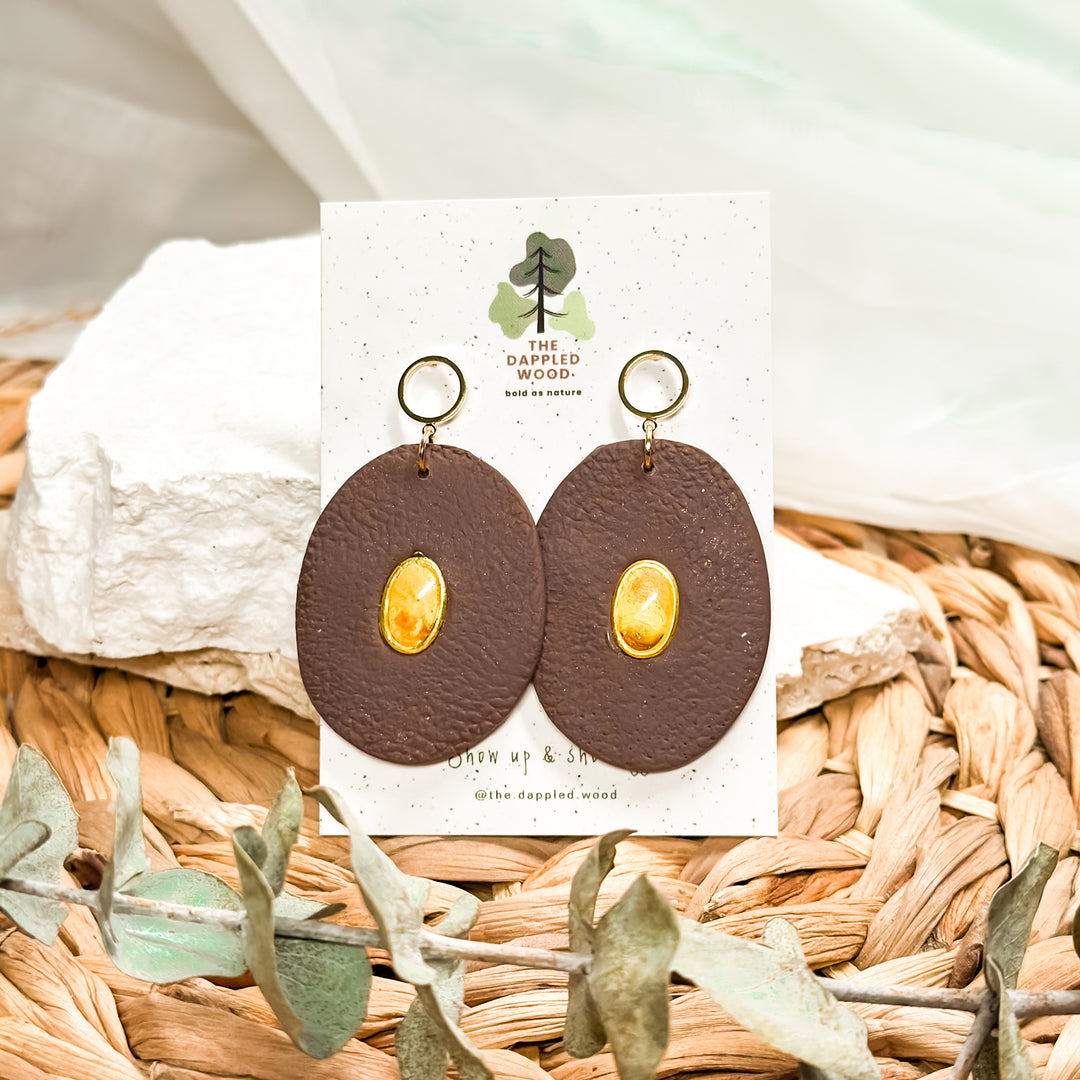 Sahara – Brown Faux Leather &amp; Bumblebee Jasper Earrings