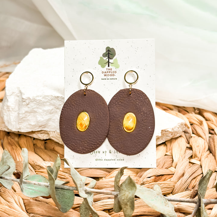 Sahara – Brown Faux Leather &amp; Bumblebee Jasper Earrings