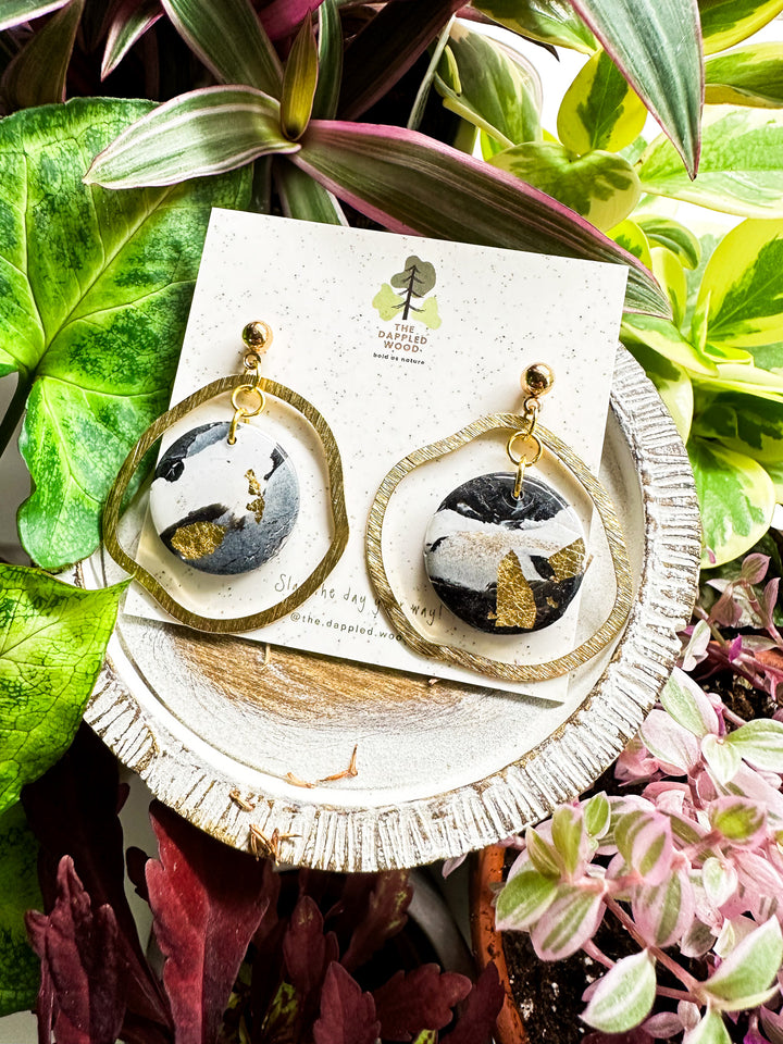 Addie | Black and White Marbled Earrings Encircled by Brass Organic Shape