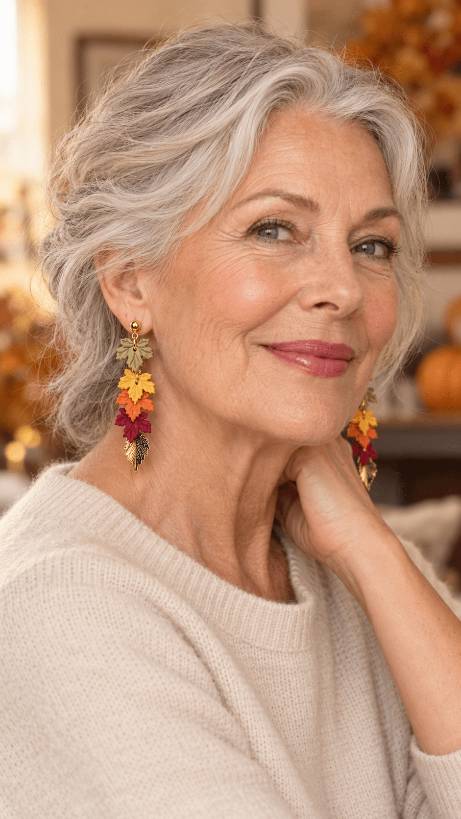 Older white woman wearing Audra cascading fall leaf earrings by The Dappled Wood.