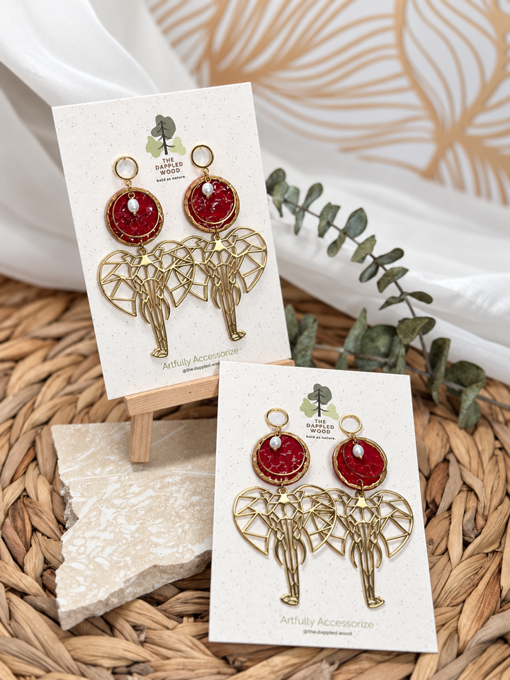 Dina large red and gold elephant shoulder-duster earrings by The Dappled Wood.