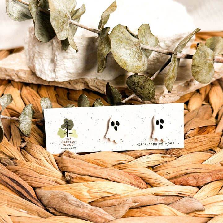 White ghost Halloween stud earrings with hand-painted details