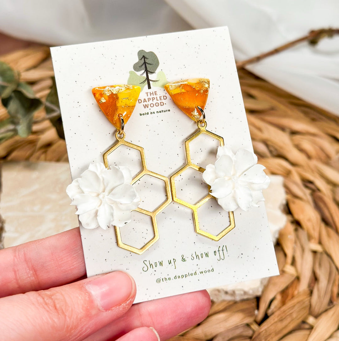 Melina honeycomb flower earrings with faux bumblebee jasper and white sculpted flowers