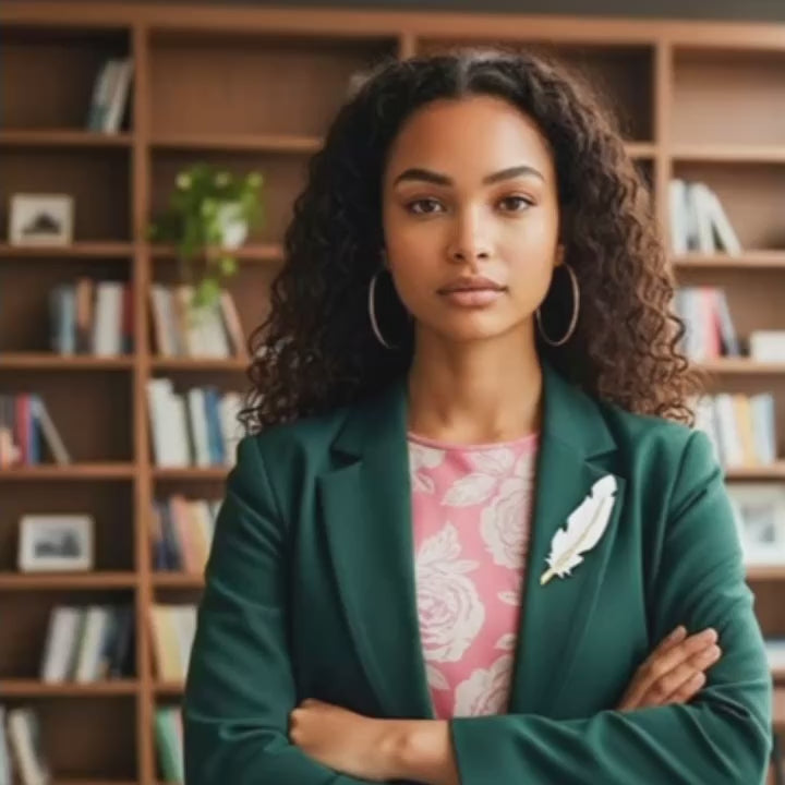 Young woman wearing the Gilded Feather Brooch by The Dappled Wood, styled on a green blazer in a warm, professional setting, shown in a lifestyle video.