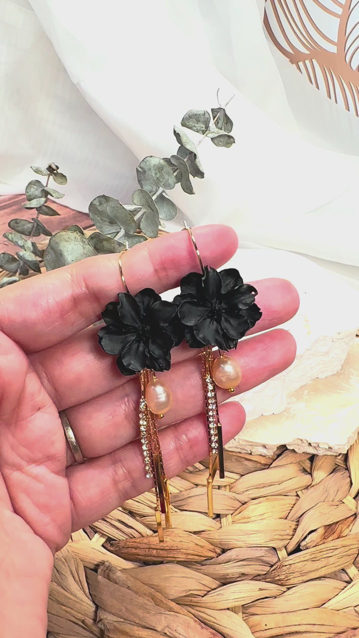 Martiza - Long Tassel &amp; Pearl Flower Earrings