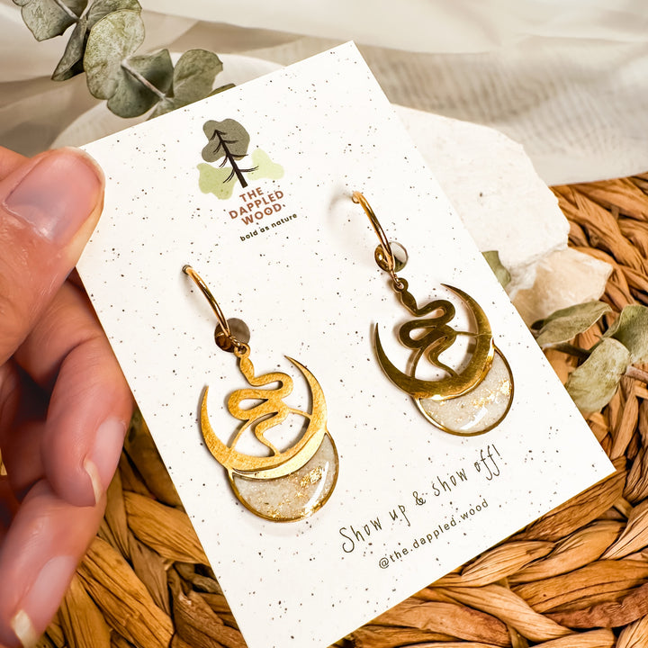 Selene snake and moon earrings with Ivory Coast faux stone inlay and gold-tone brass charms