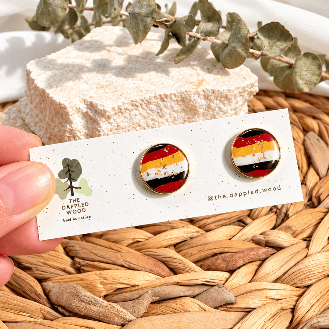 Anne Maryland flag color stud earrings on The Dappled Wood display card