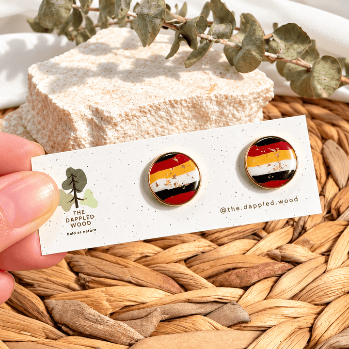 Anne Maryland flag color stud earrings on The Dappled Wood display card