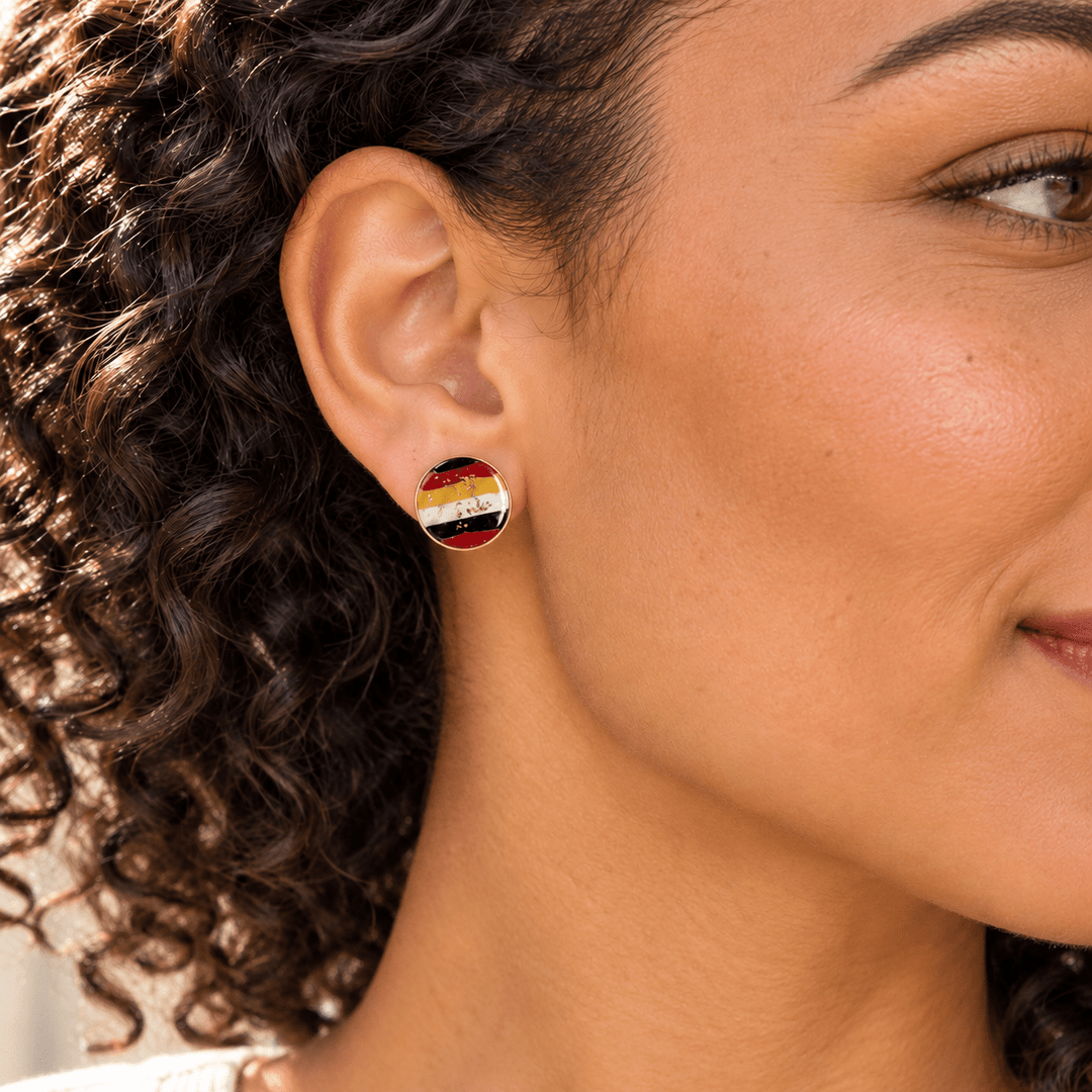 AI-generated styling preview of a model wearing an Anne Maryland color stud earring