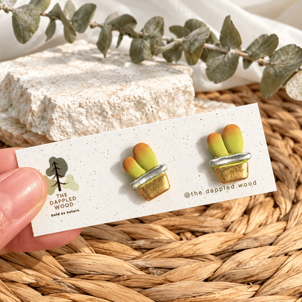 Handmade Ari potted cactus studs displayed on The Dappled Wood earring card