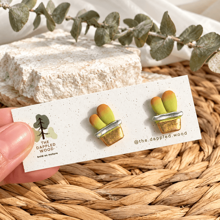 Handmade Ari potted cactus studs displayed on The Dappled Wood earring card