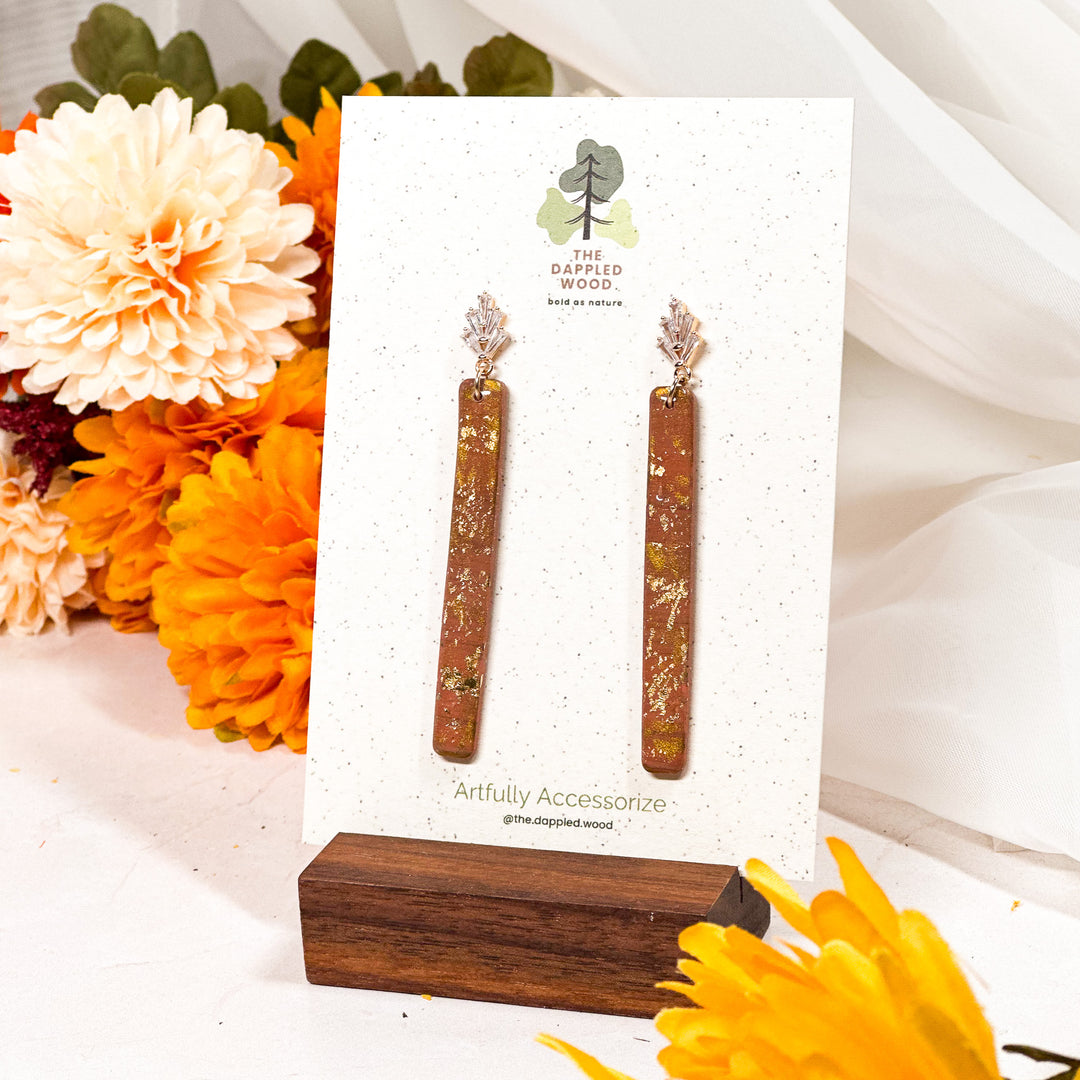 Art Deco-inspired earrings with a gold CZ thin strip, lightweight statement jewelry from The Dappled Wood.