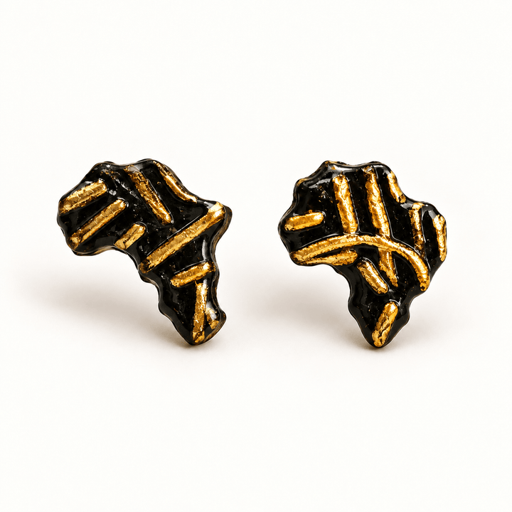 Ayana black Africa stud earrings with raised gold patterns, both oriented upright on white.