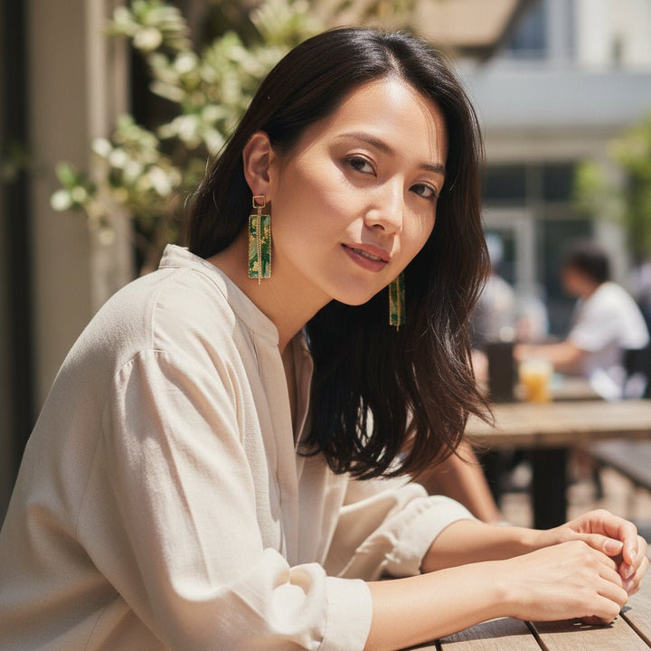 Athena - Green and Gold Statement Earrings with Tassels