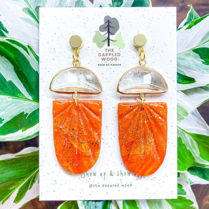 Raya | Long Orange Arches with Glass Charm Earrings