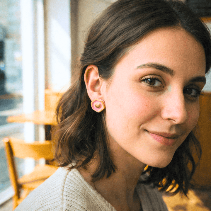 Additional view of Bridgette - Small Gold Heart Stud Earrings.