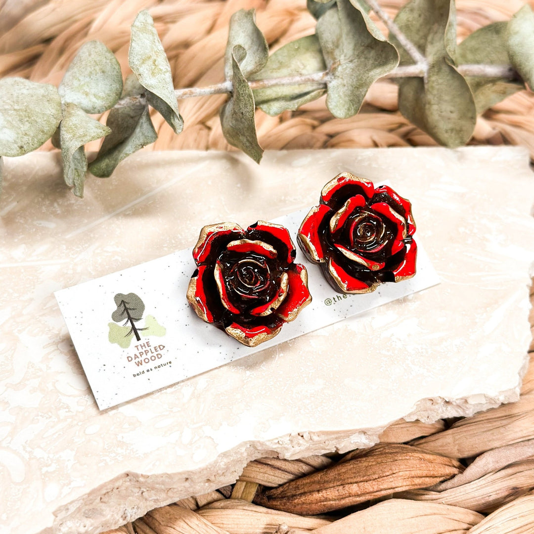 Camellia - Gilded Rose Statement Stud Earrings displayed in a product photo.