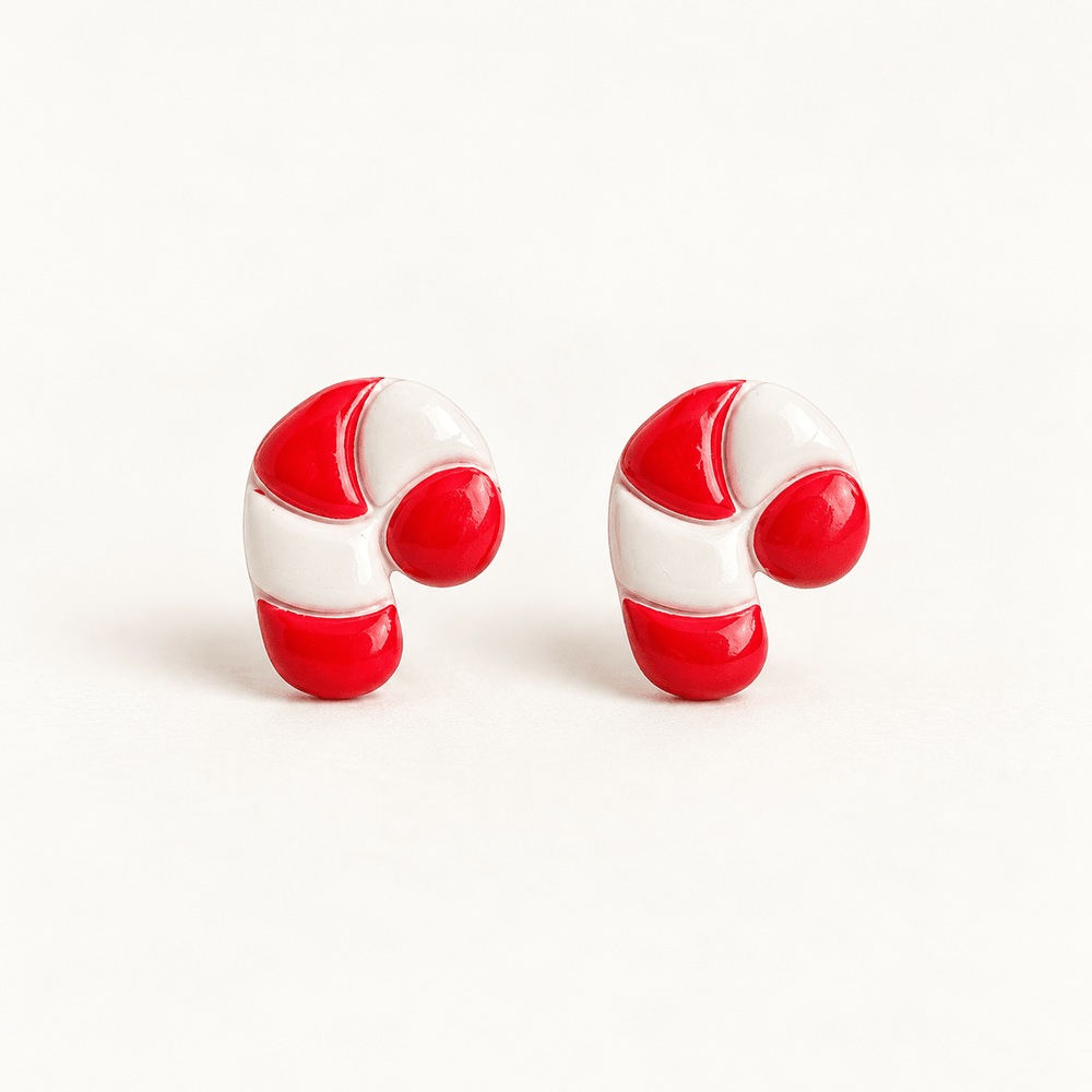 Claudette handmade red and white candy cane stud earrings on white.