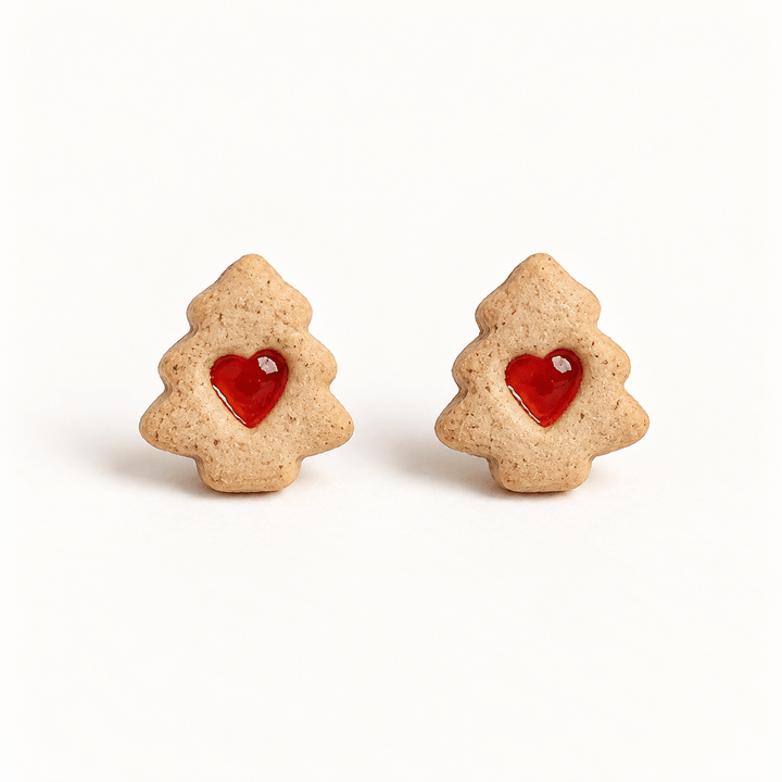 Colette Christmas tree cookie stud earrings with pale cookie texture and glossy red jam hearts