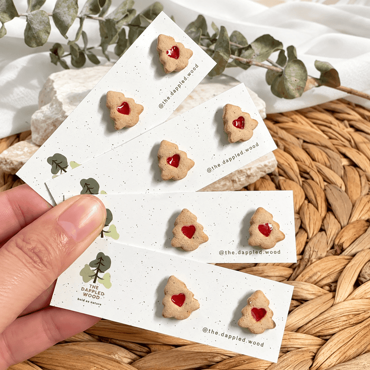 Handmade Colette Christmas tree jam-heart cookie studs on The Dappled Wood display cards