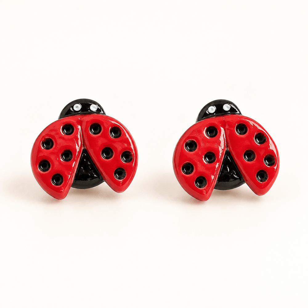 Dotty red ladybug stud earrings with recessed black spots and open wings