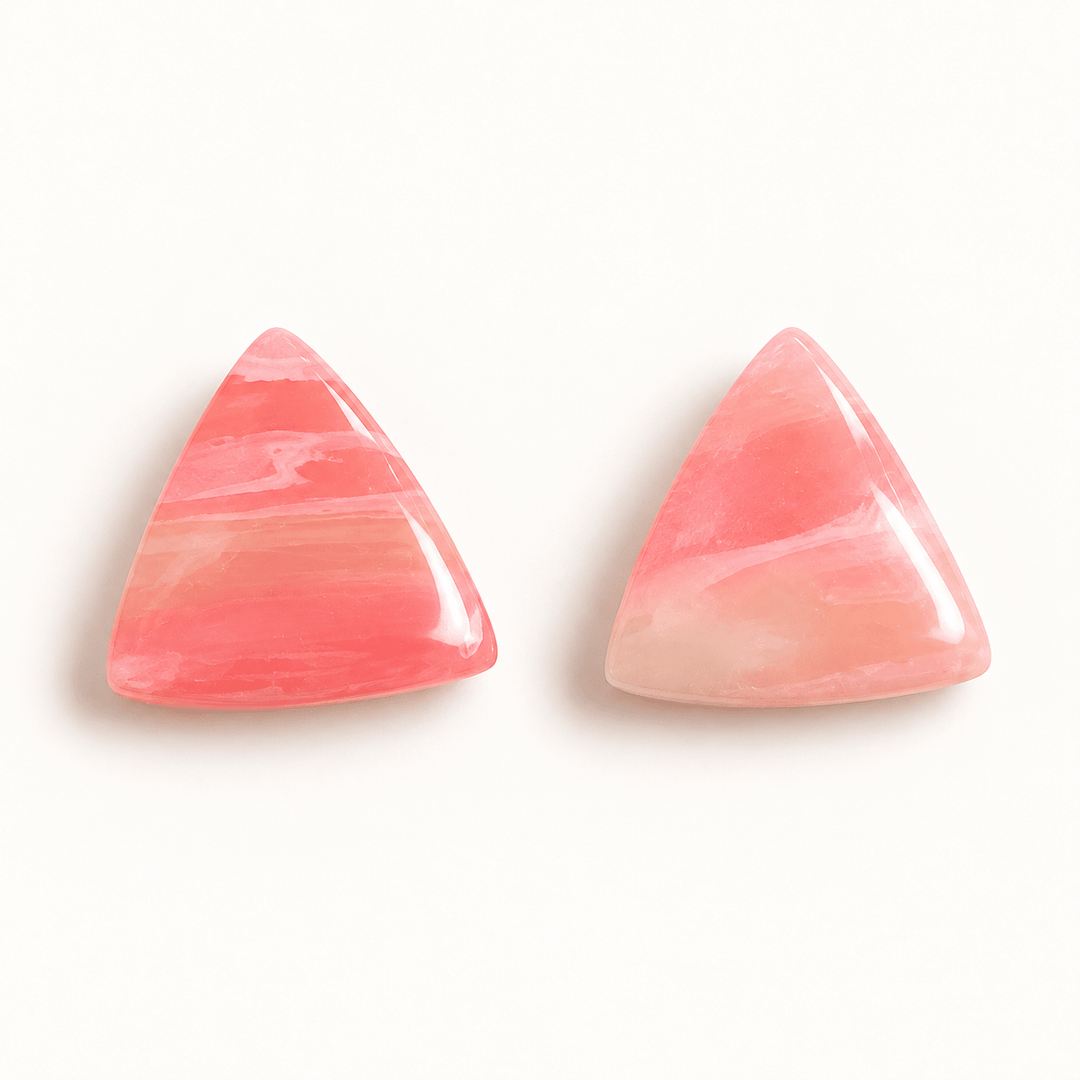 Elodie pink faux rose quartz triangle stud earrings with cream marbling and a glossy finish