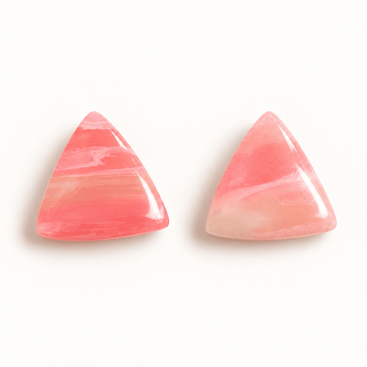 Elodie pink faux rose quartz triangle stud earrings with cream marbling and a glossy finish