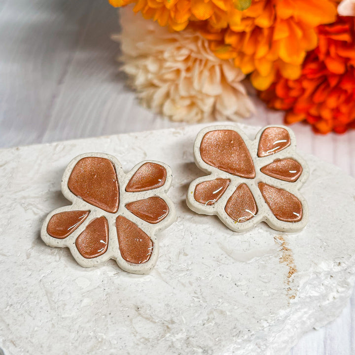 Embedded copper stone earrings with warm metallic details, nature-inspired lightweight jewelry by The Dappled Wood.