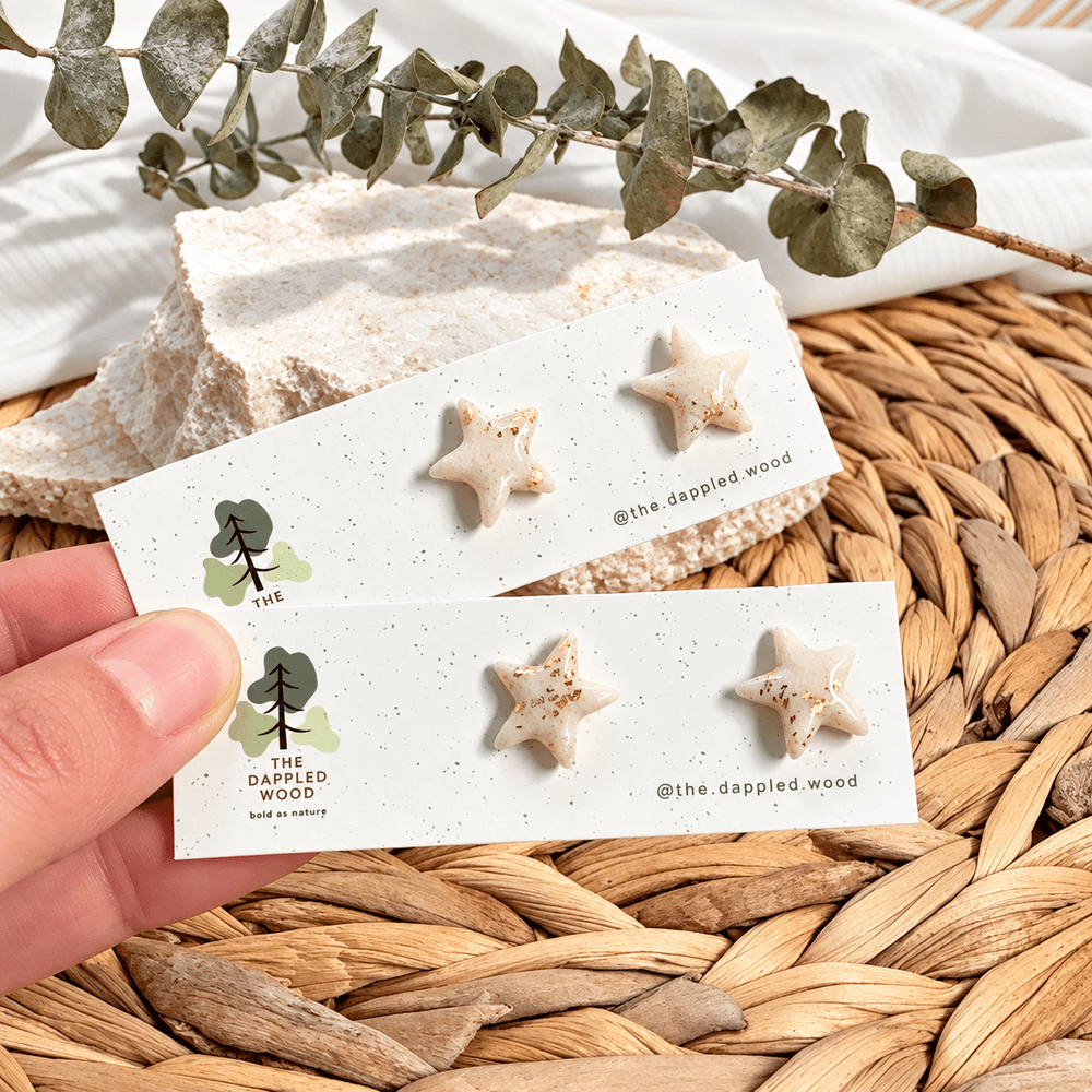 Handmade Estelle ivory and gold star studs on The Dappled Wood display cards