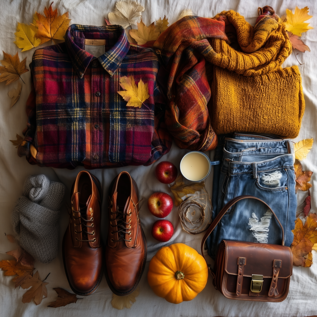 The Dappled Wood fall flatlay styled for the Riches Palette featuring a garnet plaid shirt, golden knit sweater, distressed denim jeans, leather boots, brown satchel, pumpkin, apples, mug of cider, and autumn leaves.
