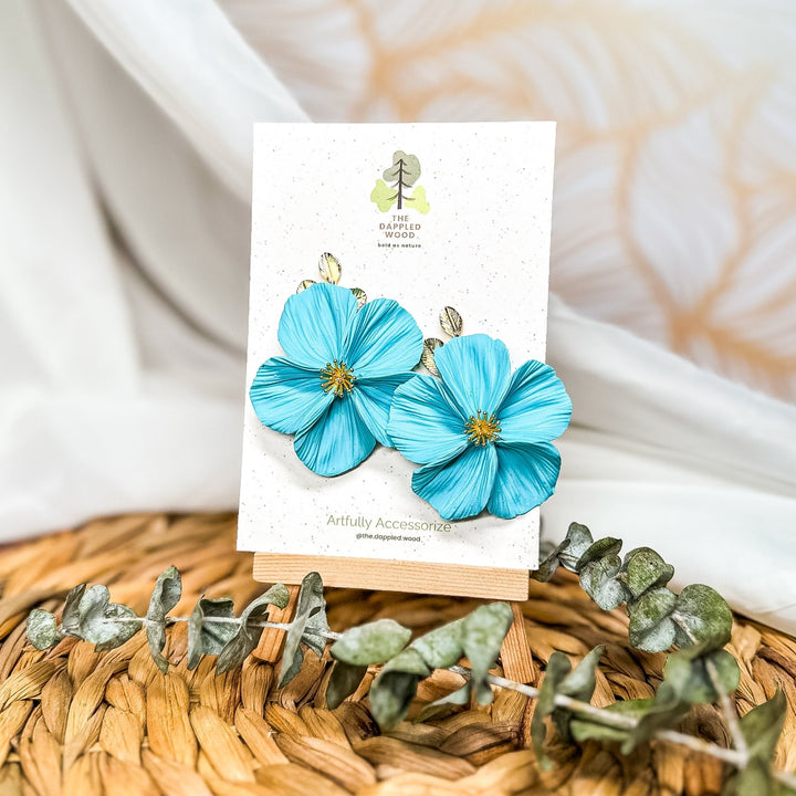 The Dappled Wood Fall 2025 Flora collection limited edition NuMomish aqua flower earrings, handmade lightweight jewelry for moms, everyday outfits, and casual chic looks.
