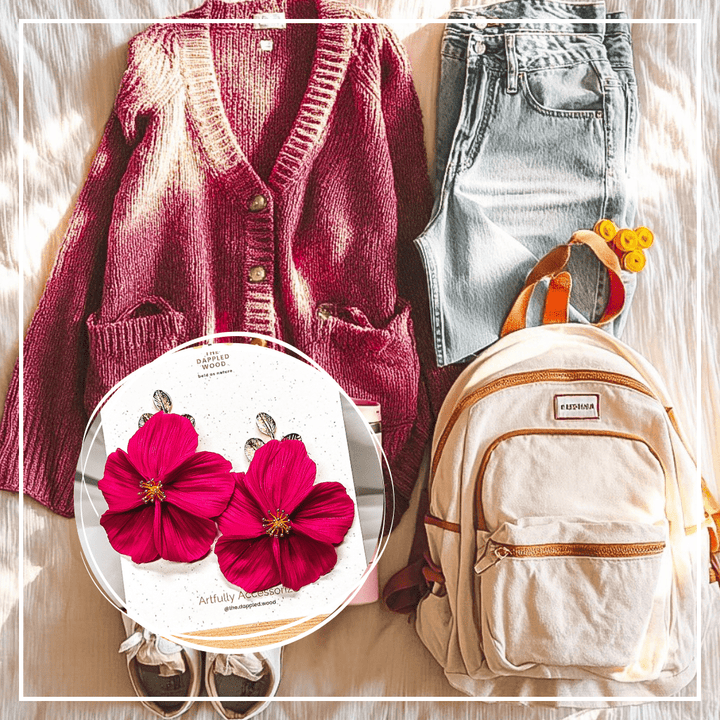 Bold Berry NuMomish flower earrings by The Dappled Wood, Fall 2025 Flora limited edition handmade jewelry that transforms simple mom outfits into polished, playful looks for drop-off and daily errands.