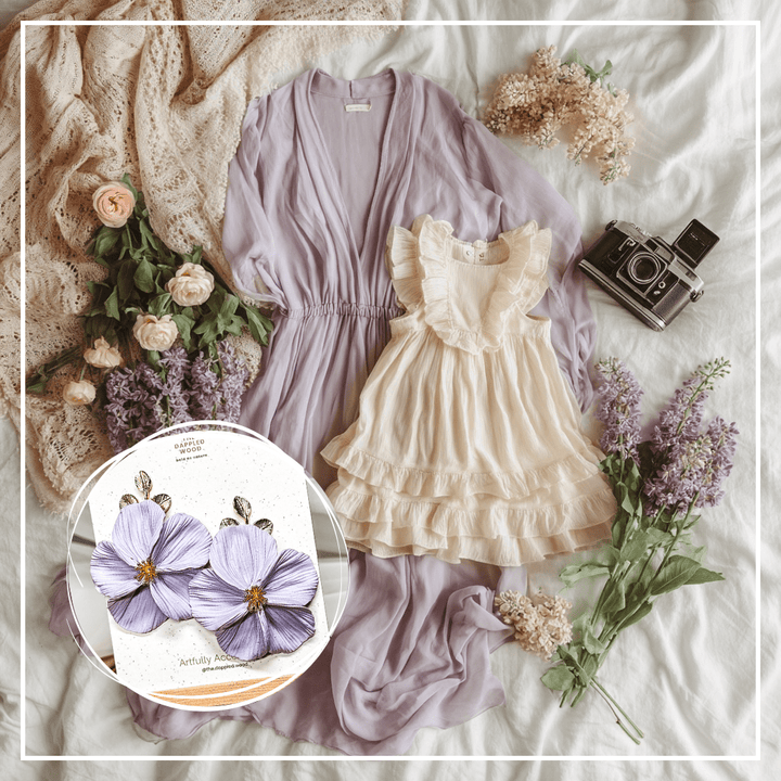 The Dappled Wood Flora limited edition Lilac earrings from the Fall 2025 collection, NuMomish handmade floral jewelry designed for family portraits and mom-and-met matching outfits.