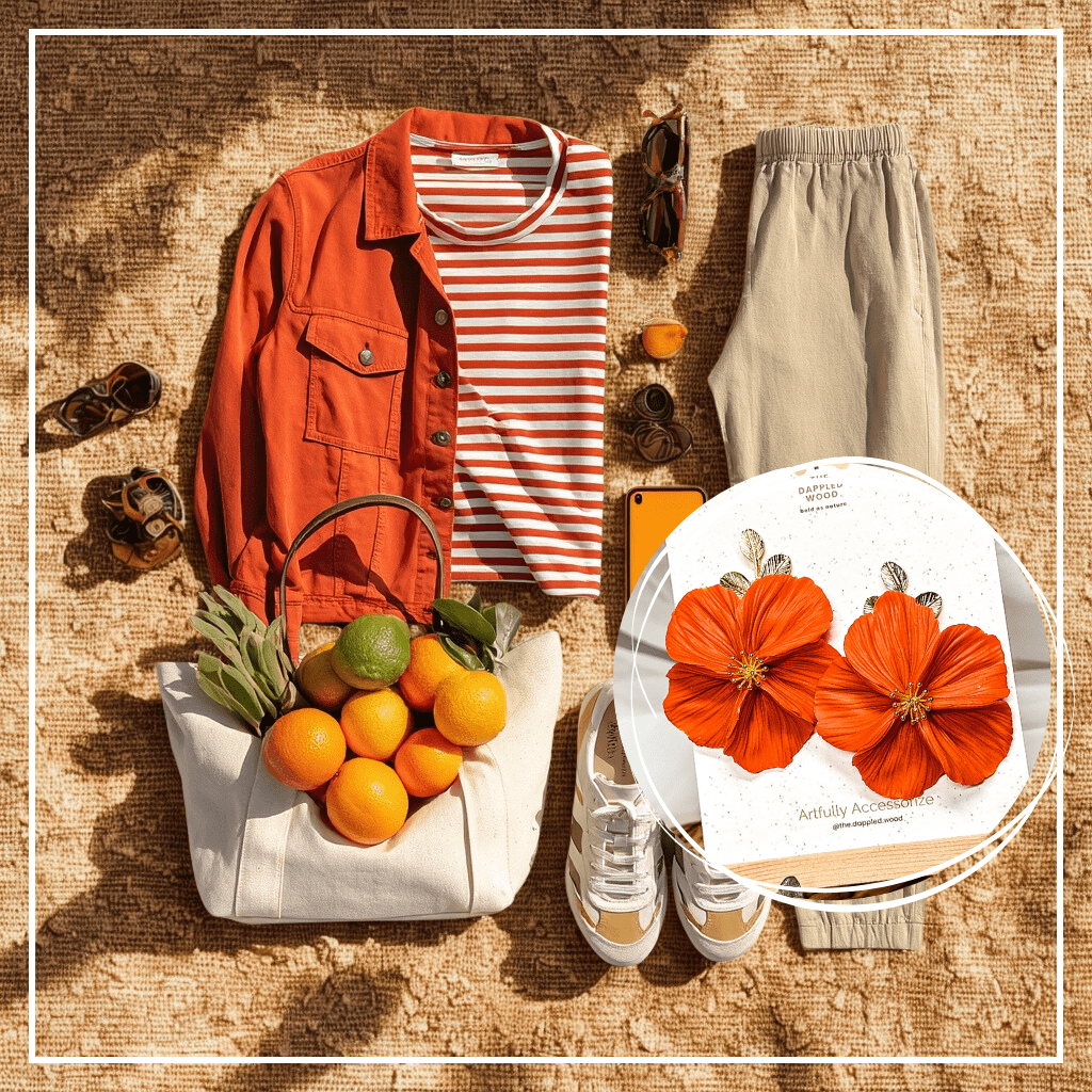 The Dappled Wood Flora limited edition Tangelo earrings styled in a lifestyle flat lay with oranges, striped shirt, tote bag, and casual sneakers, showcasing handmade statement jewelry for errands and casual chic outfits.