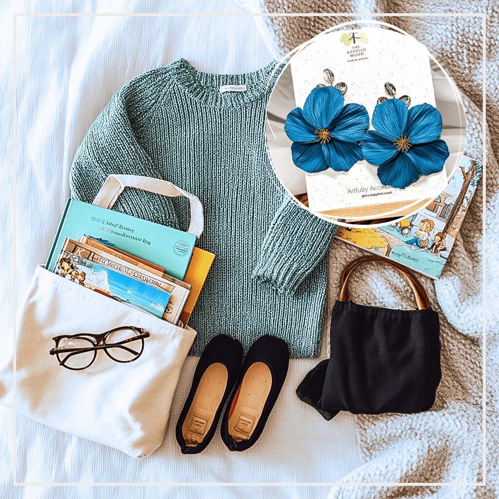 Lifestyle flat lay featuring The Dappled Wood Flora collection Teal NuMomish earrings, limited edition handmade floral jewelry that lifts casual outfits for moms enjoying cozy, meaningful routines.
