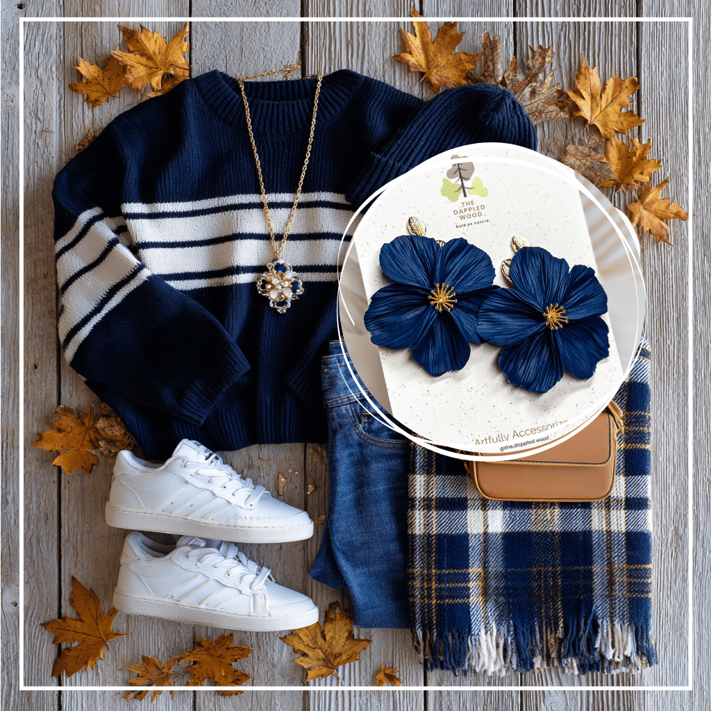 The Dappled Wood Fall 2025 Flora earrings in navy blue jewel-toned flowers, styled in a homecoming outfit flatlay with a striped sweater, plaid scarf, jeans, sneakers, and seasonal accessories, perfect for fall homecoming events and autumn celebrations.