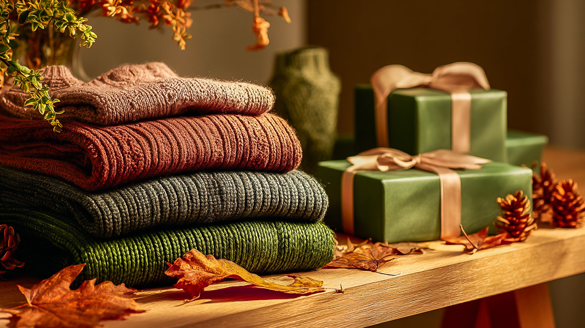 Cozy fall hero image for The Dappled Wood featuring folded sweaters, green gift boxes, pinecones, and autumn leaves styled in warm golden light to highlight seasonal collections.