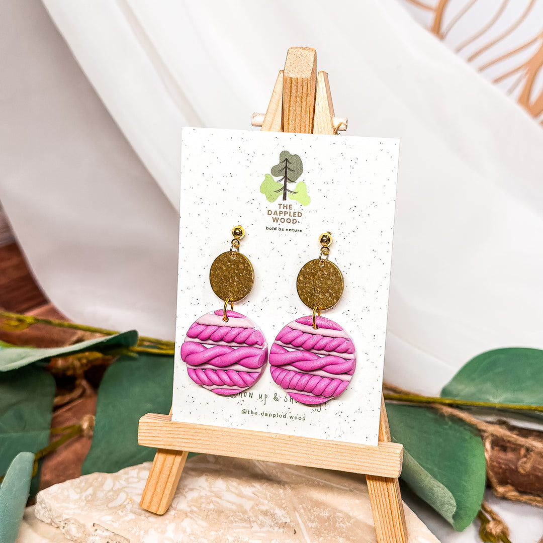 The Dappled Wood pink polymer clay statement earrings from the Cupid's Cache Collection in February 2024, featuring a lightweight design for sensitive ears.