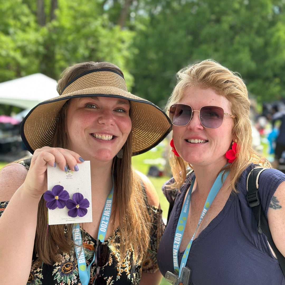 Flora - Handmade Flower Earrings from The Dappled Wood being worn by a happy customer.