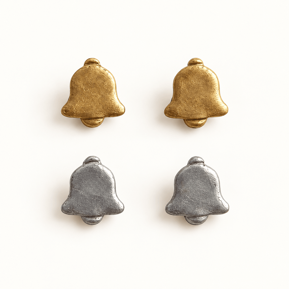 Gladys mini Christmas bell stud earrings, one gold pair and one silver pair on a white background.
