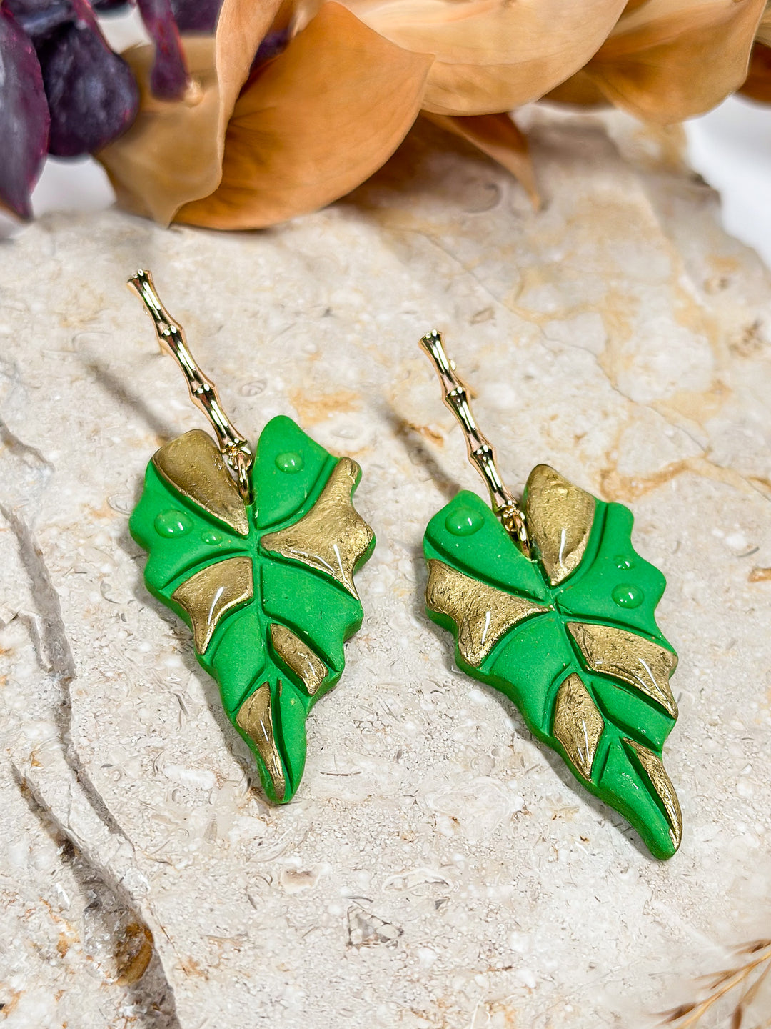 Gold-accented long leaf earrings on bamboo posts, botanical-inspired hypoallergenic jewelry by The Dappled Wood.