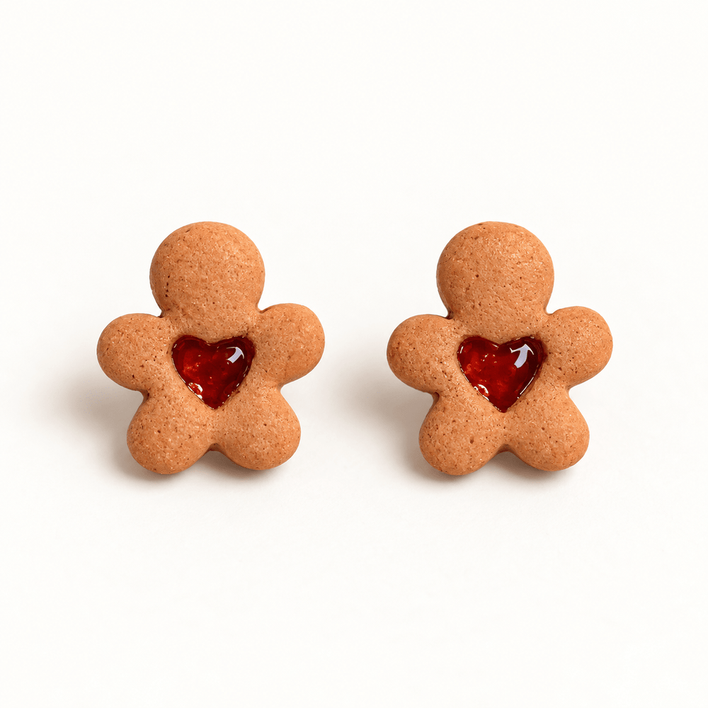 Greta gingerbread cookie stud earrings with textured brown clay and glossy red jam hearts