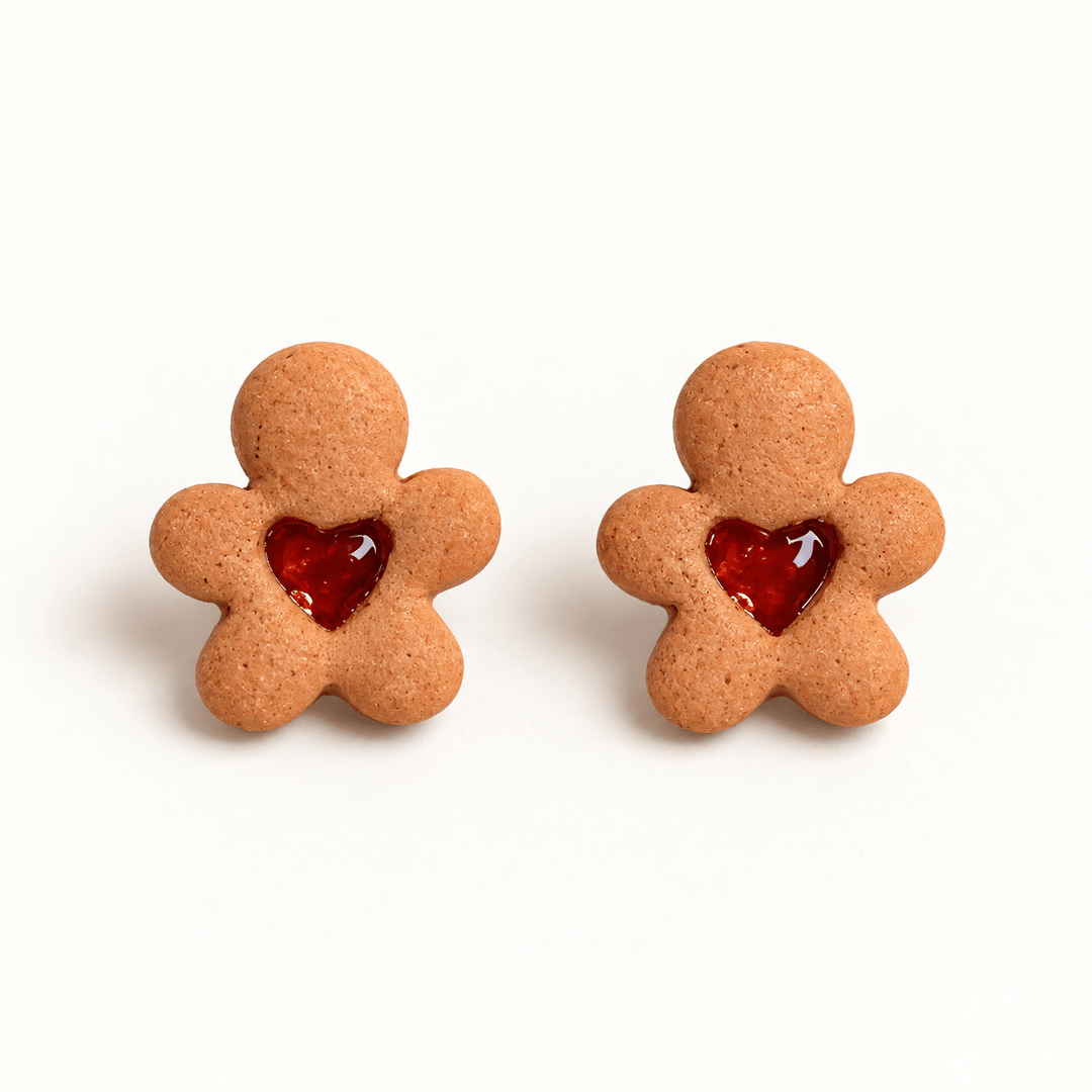 Greta gingerbread cookie stud earrings with textured brown clay and glossy red jam hearts