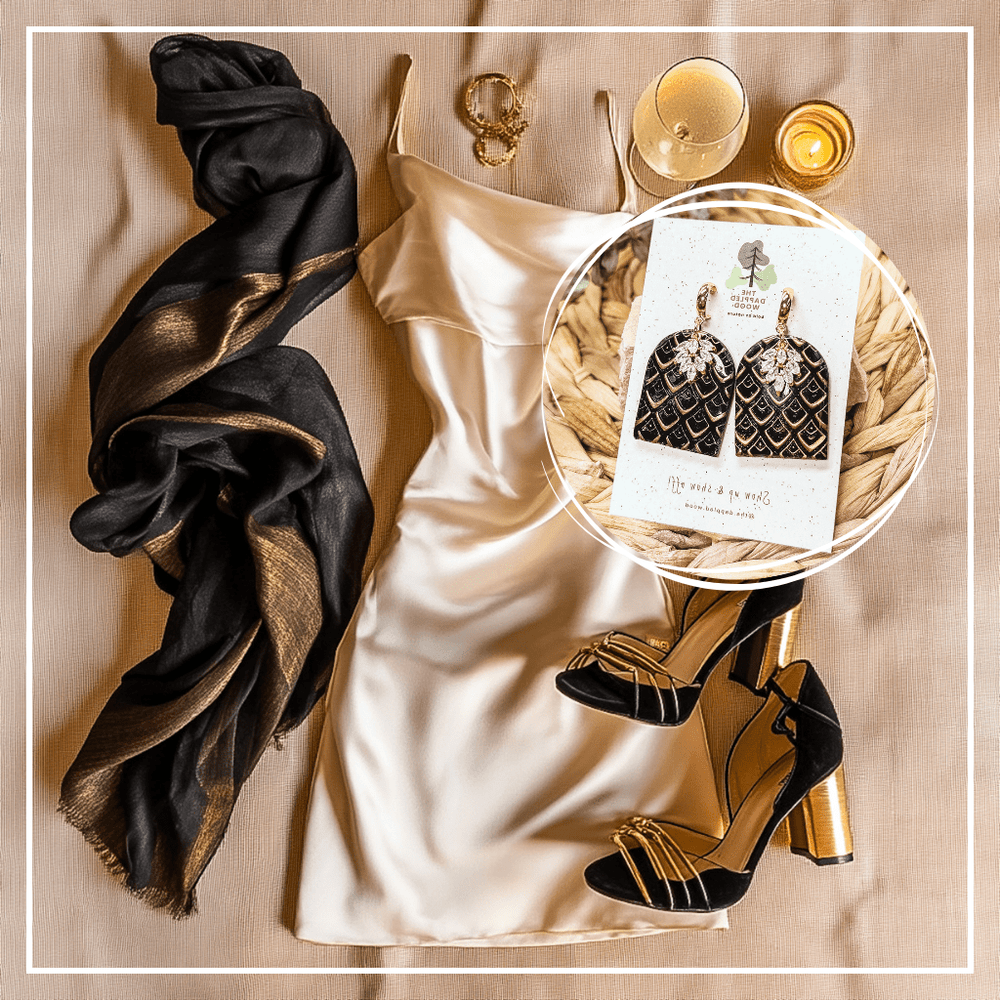New Years Eve outfit inspiration featuring the Hermione earrings from The Dappled Wood. Black and gold scale patterned earrings highlighted over a flatlay with a satin dress, black and gold heels, a metallic scarf, jewelry, and a festive drink.