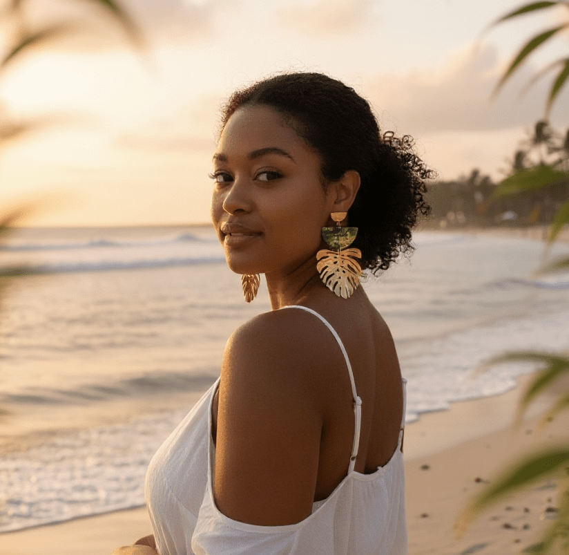 Customer wearing the Isolde earrings by The Dappled Wood at the beach during sunset, showcasing bold leaf inspired statement jewelry styled with a soft white outfit.