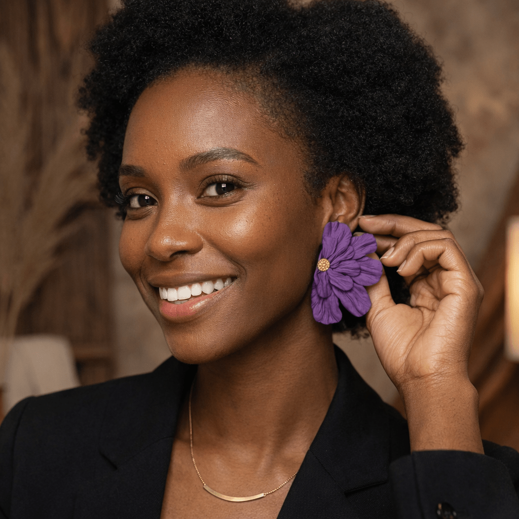 Additional view of Juliet Half Flower XL Statement Stud Earrings.