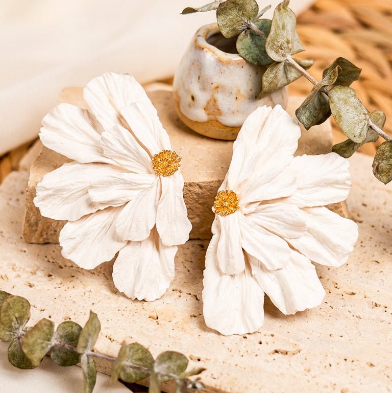 Juliet Half Flower XL Statement Stud Earrings displayed in a product photo.