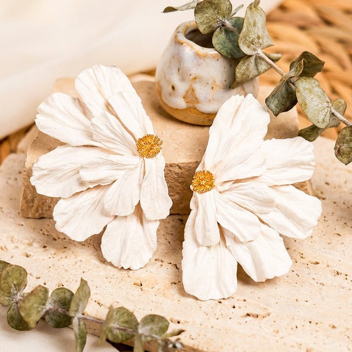 Juliet Half Flower XL Statement Stud Earrings displayed in a product photo.